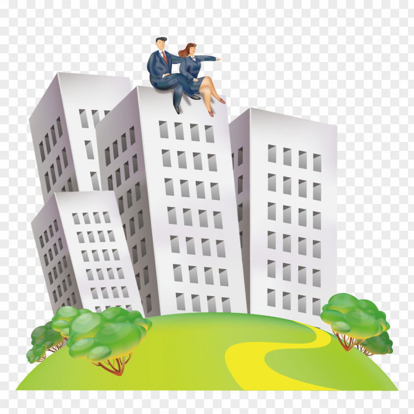 Building Sat Watching The Scenery Of Male And Female Friends Cartoon Girlfriend Illustration PNG