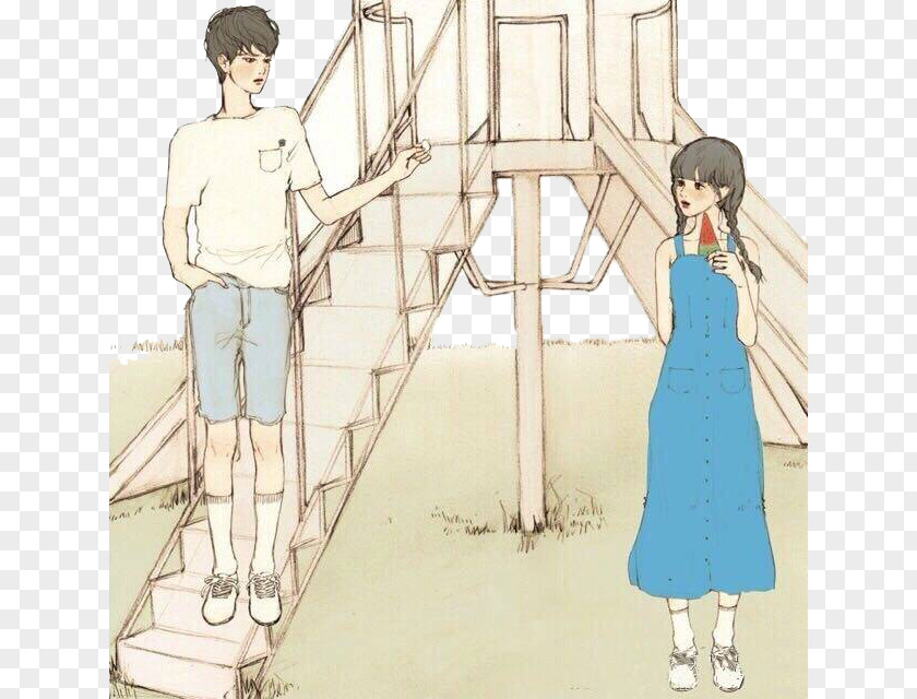 Couple On Stairs Drawing Love Illustrator Illustration PNG