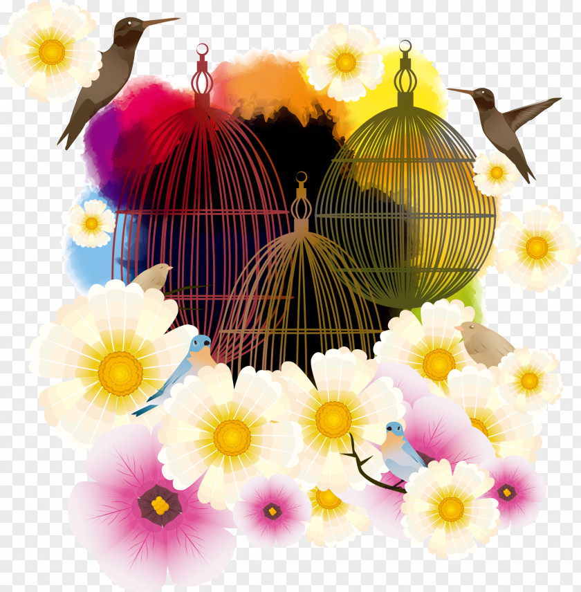 Vector Bird Cage And Flowers Birdcage Floral Design PNG