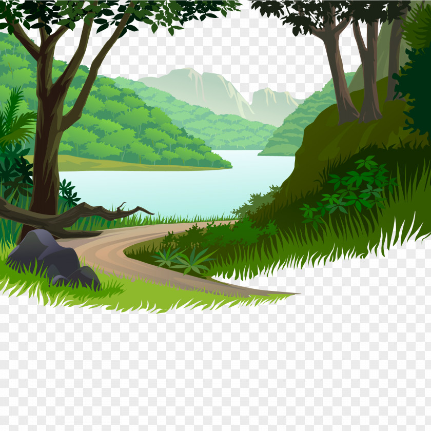 Mountain Road Small River Nature Cartoon Illustration PNG