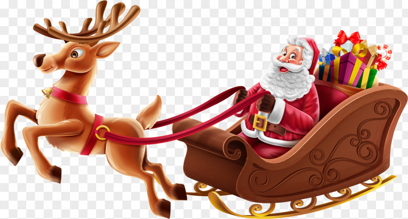 Santa Claus Sitting In Sleigh Christmas Reindeer Gift PNG