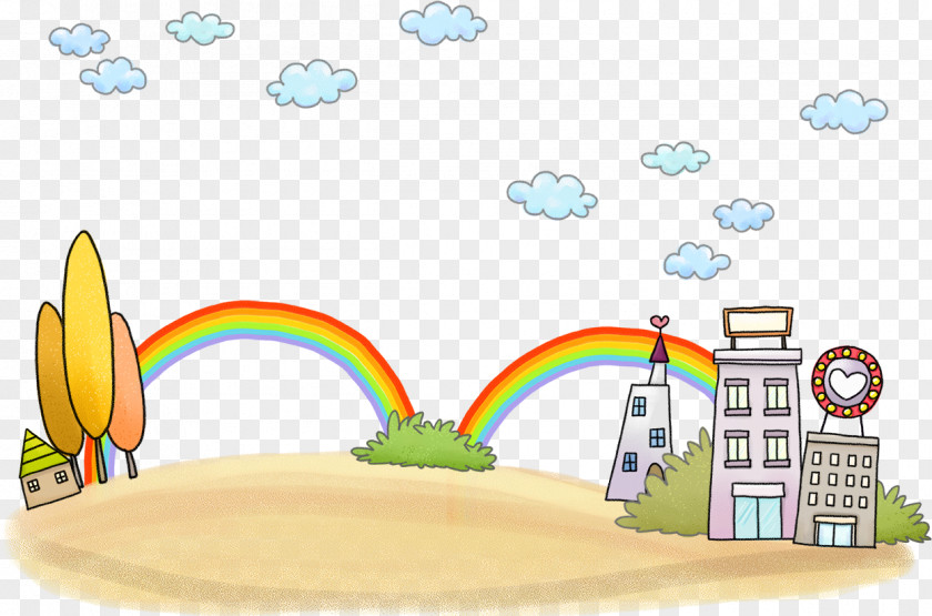 Cartoon Rainbow With High-rise Building Child Drawing PNG
