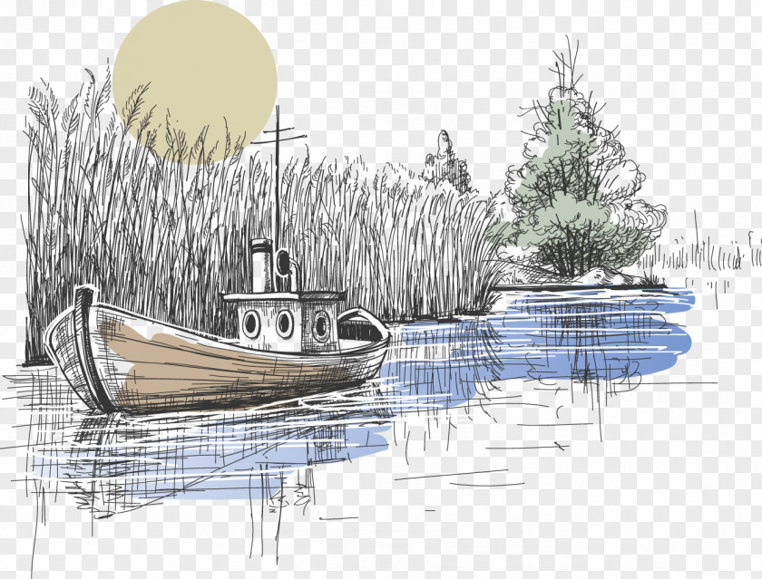 Pencil Sketches And Scenic Boat Royalty-free Illustration PNG