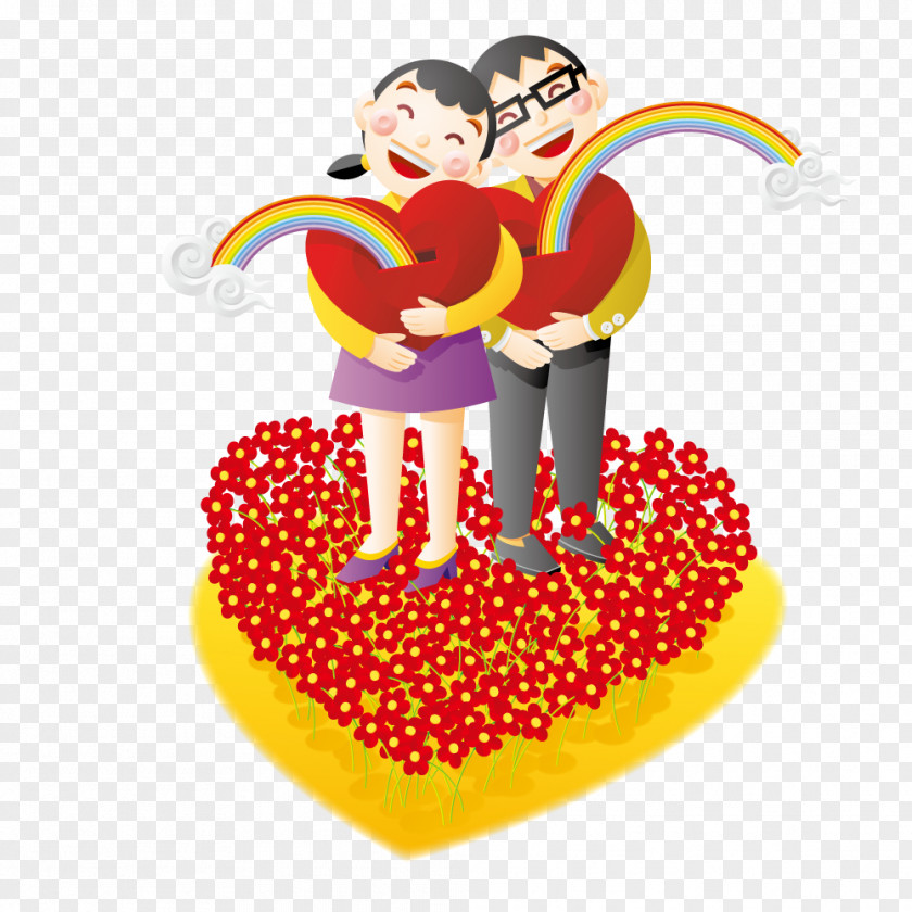 Hold Flowers On Loving Couple Standing Love Drawing Cartoon Illustration PNG