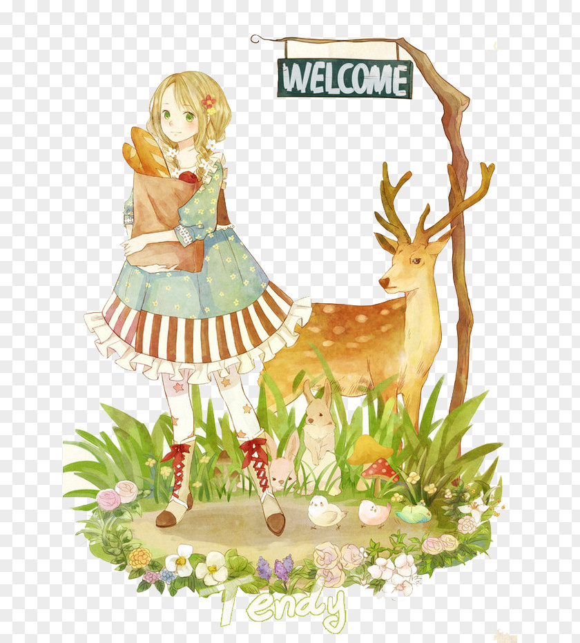 Deer Girl Illustration PNG Illustration, with deer clipart PNG