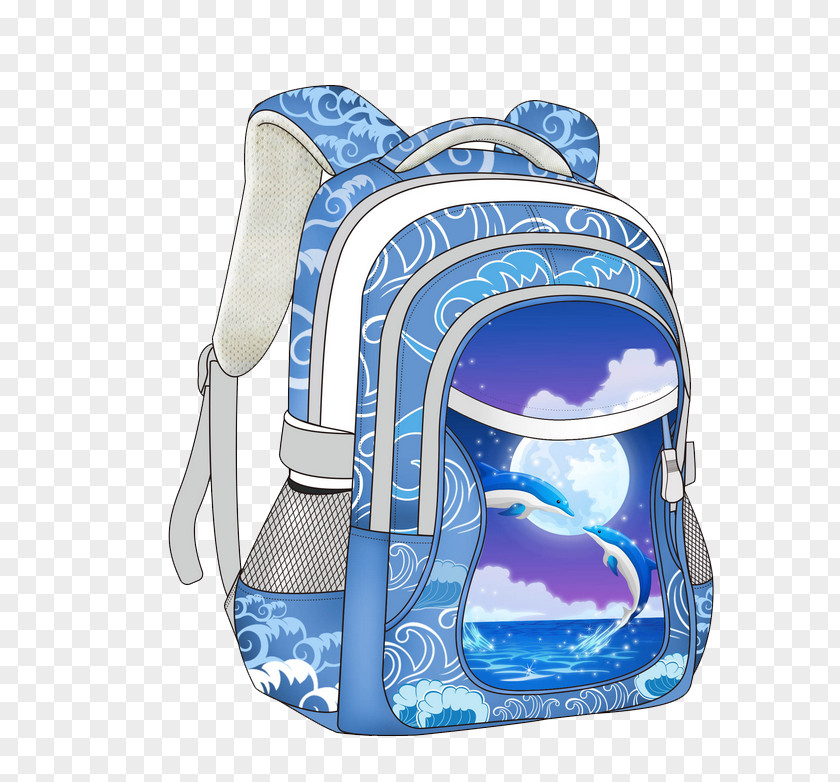Cartoon Blue Hand Painted Student Backpack Bag Estudante PNG