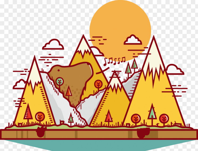 Cartoon Painted Sunrise Mountain Illustration PNG