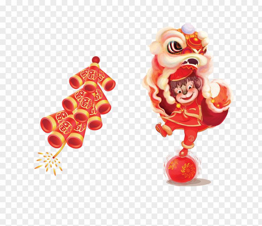 Cartoon Version Of Firecrackers And Lion Dance Illustration PNG