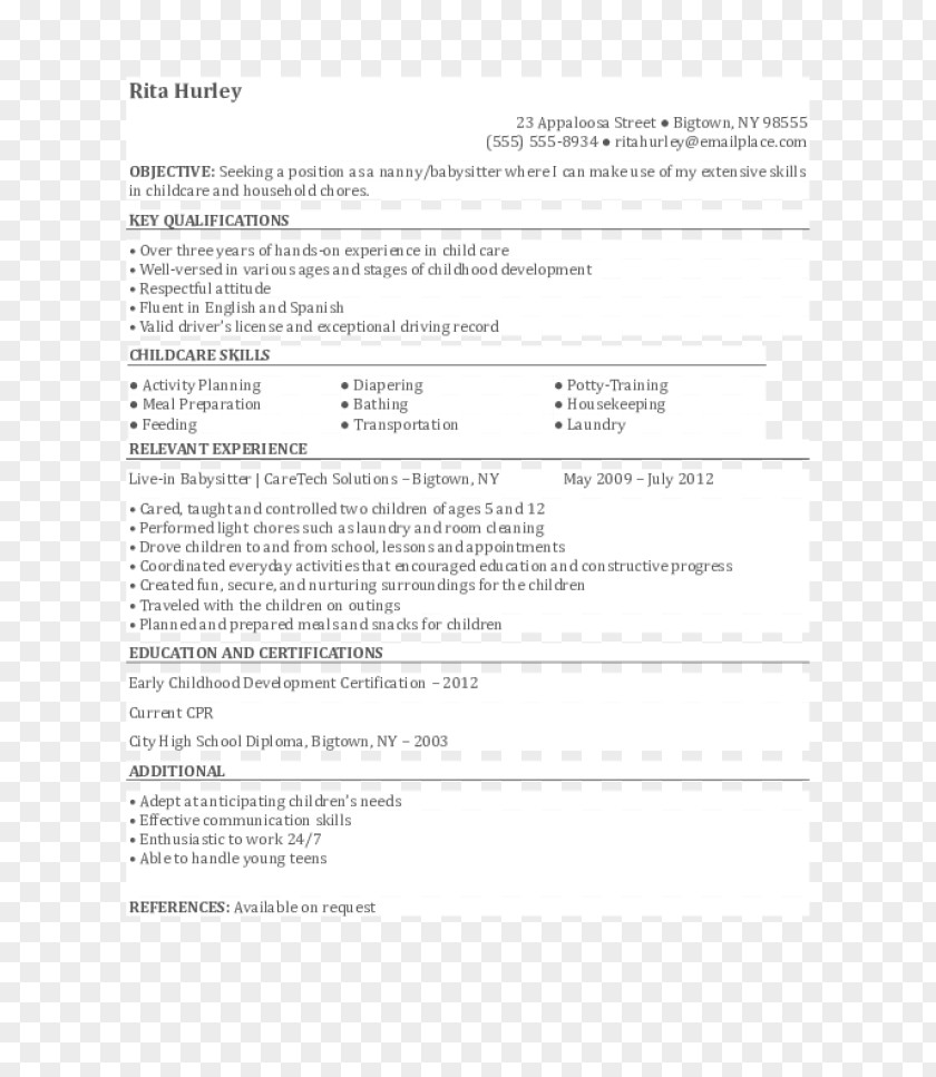 Nanny Résumé Cover Letter Child Care Application For Employment PNG