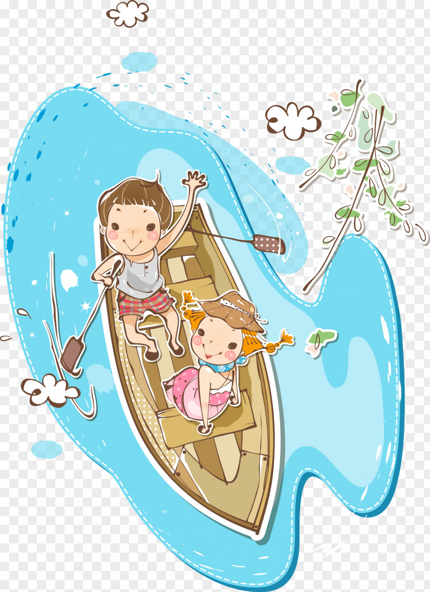 Boating Couple Cartoon Illustration PNG