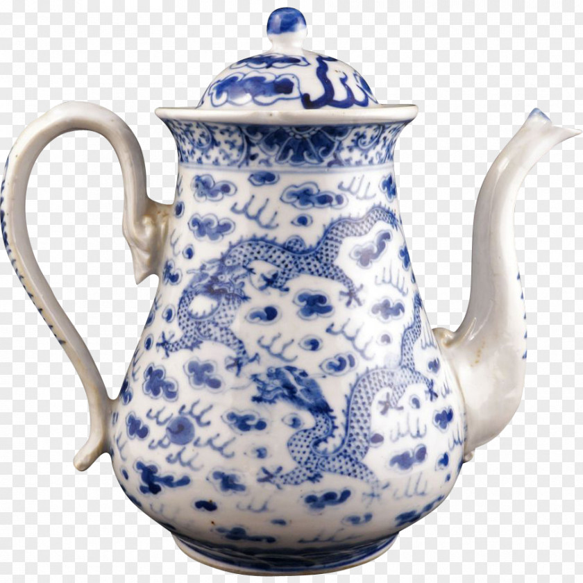 Watercolor Hand Painted Blue Sky And White Clouds Pottery Ceramic Teapot Chinese Export Porcelain PNG