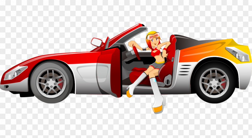 Hand-painted Cartoon Fashion Beauty Sitting In A Sports Car Vehicle Clip Art PNG