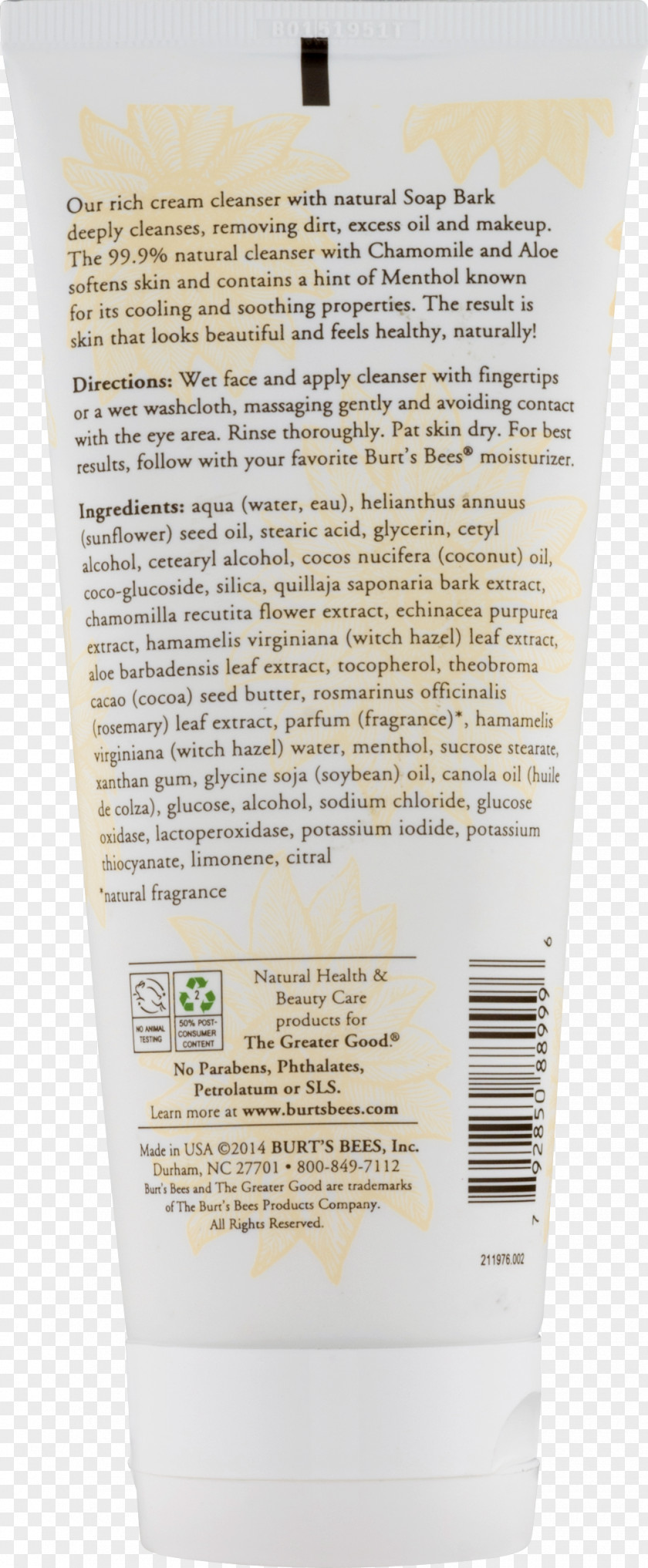Burt's Bees Soap Bark & Chammomile Deep Cleansing Cream Lotion Cleanser Bees, Inc. PNG