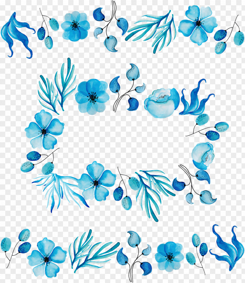 Sky Blue Watercolor Pattern Floral Design Cut Flowers Petal Leaf PNG