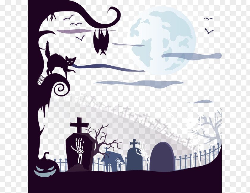 Vector Halloween Graveyard And A Black Cat Skeleton Cemetery Euclidean Illustration PNG