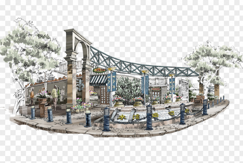 Hand-painted Park Shuiwan Bar Street Landscape Architecture Technical Drawing PNG