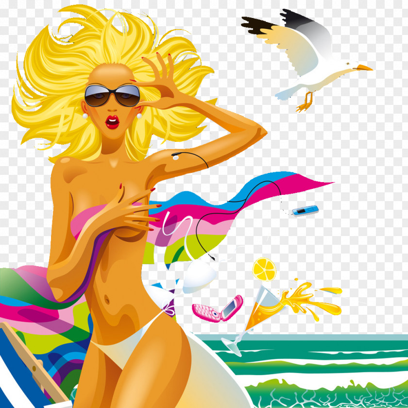 Beach Girl Euclidean PNG , bikini, woman wearing white panty beside flying bird illustration clipart PNG