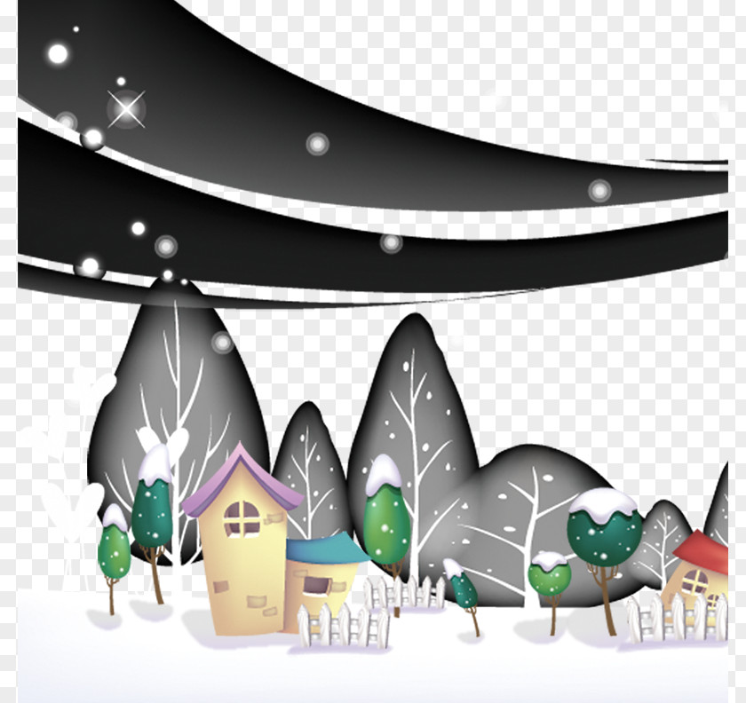 Cartoon House And Tree On Snow Village PNG