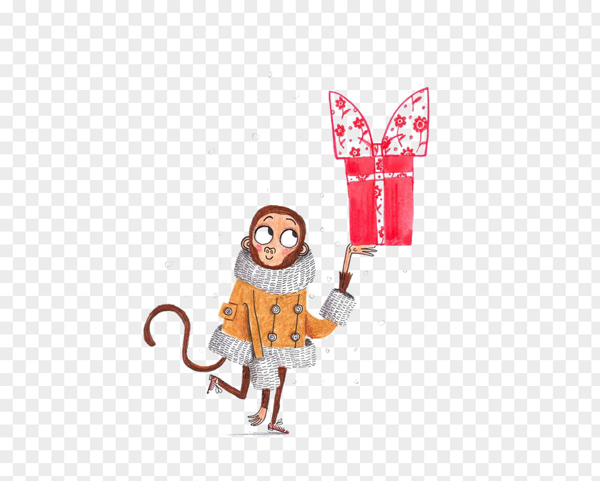 Monkey Holding A Gift Box Art Illustration PNG
