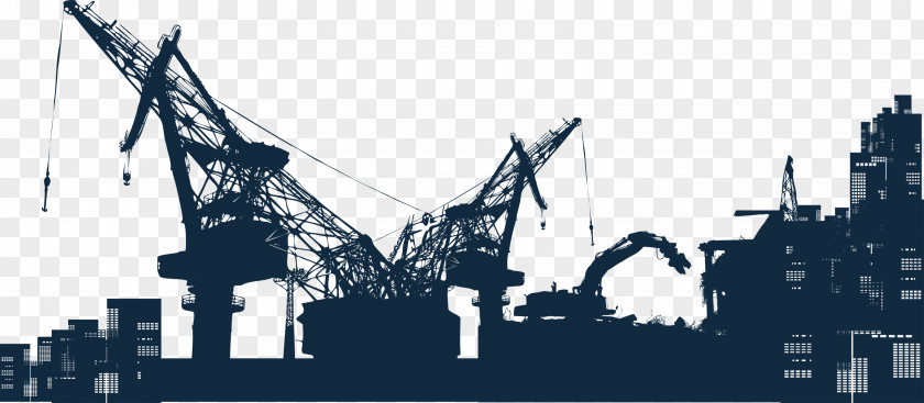 Vector City Silhouette Crane Construction Site Architectural Engineering Heavy Equipment PNG