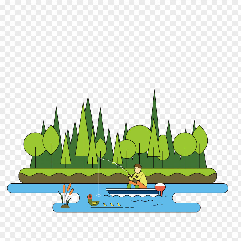Cartoon Forest Life Drawing Angling Fishing Illustration PNG