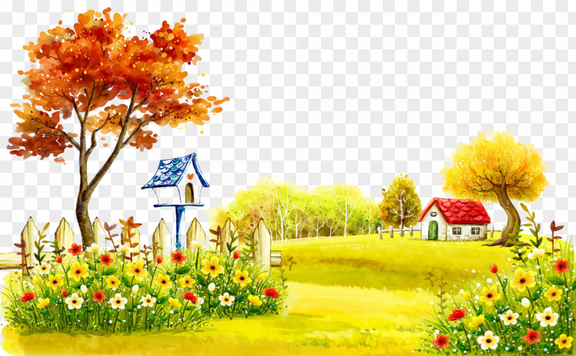 Autumn Village Landscape Painting Theatrical Scenery Illustration PNG