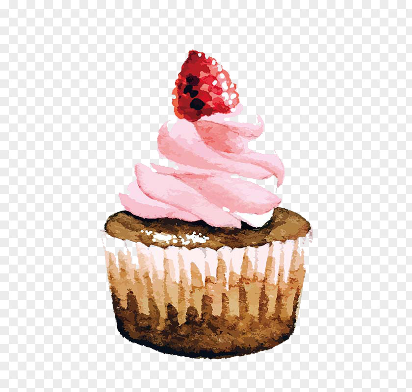 Drawing Strawberry Cream Cake Cupcake Birthday Watercolor Painting PNG