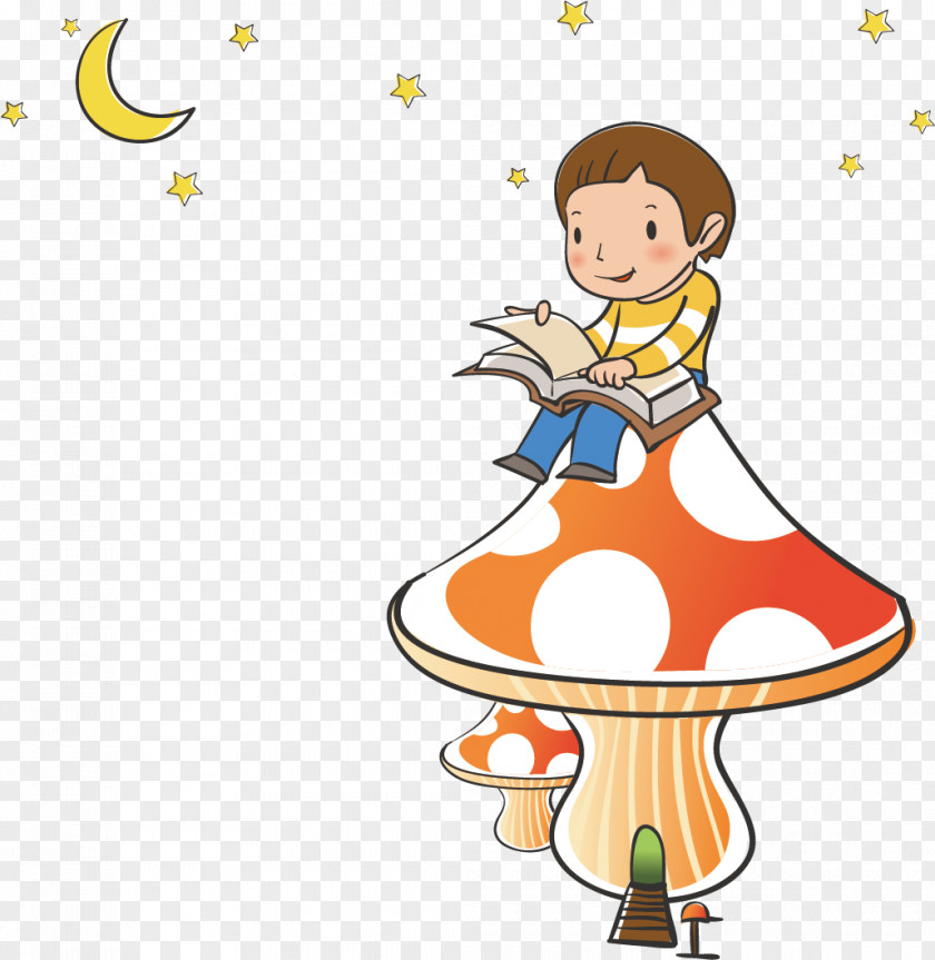 Sitting Little Boy Reading A Book On Mushrooms PNG