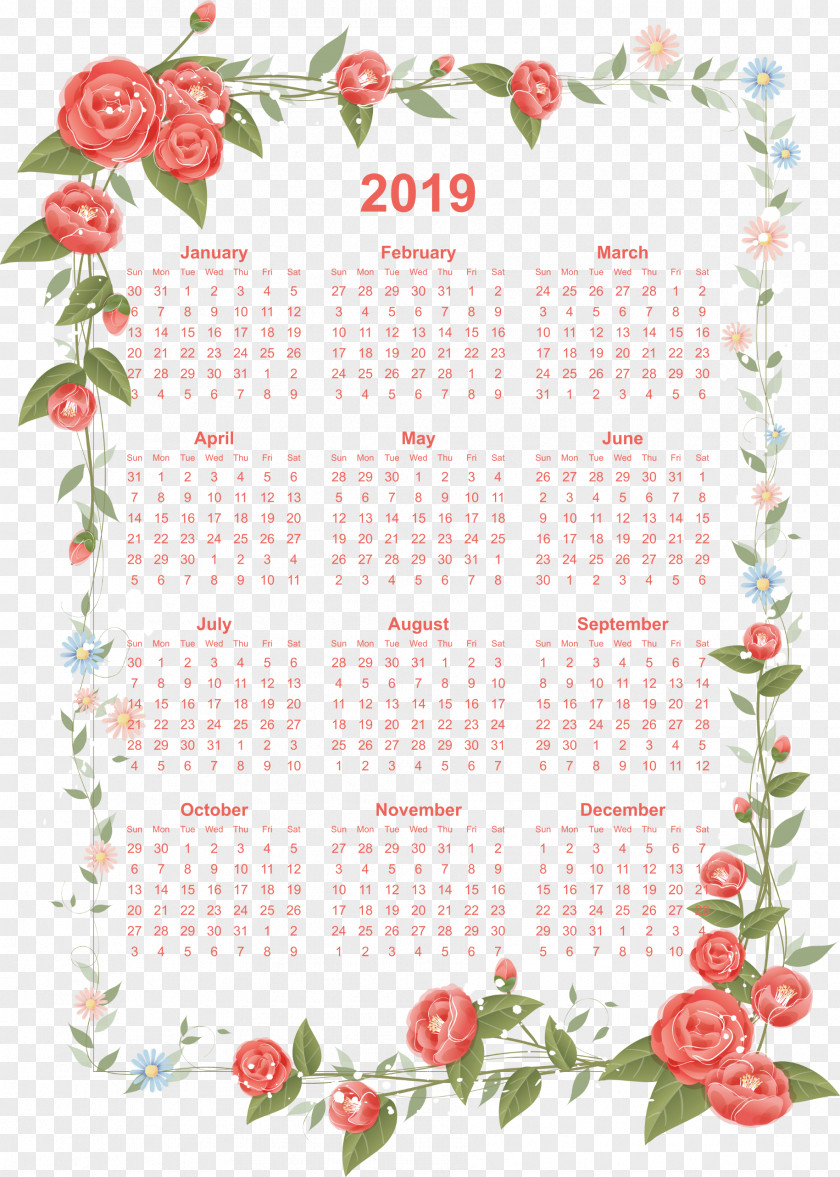 2019 Calendar Printable. PNG