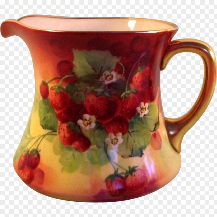 Hand Painted Strawberry Jug Mug M Coffee Cup Ceramic Saucer PNG