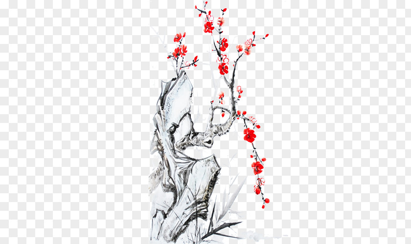Plum Flower Calligraphy Coq De Feu Ink Wash Painting PNG