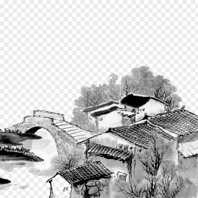 Water Qingming Shan Shui Ink Wash Painting Chinese PNG