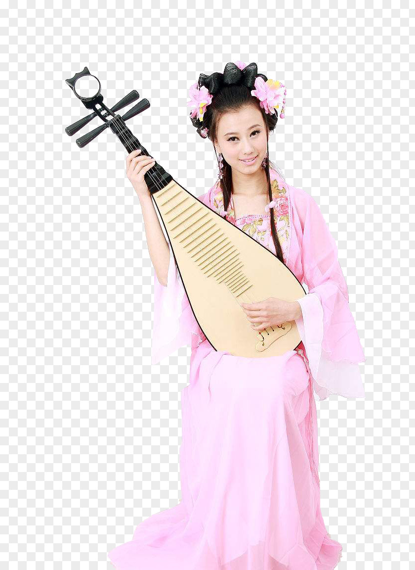 A Woman In Classic Pink Dress Sits On The Lute Pipa Musical Instrument Konghou PNG