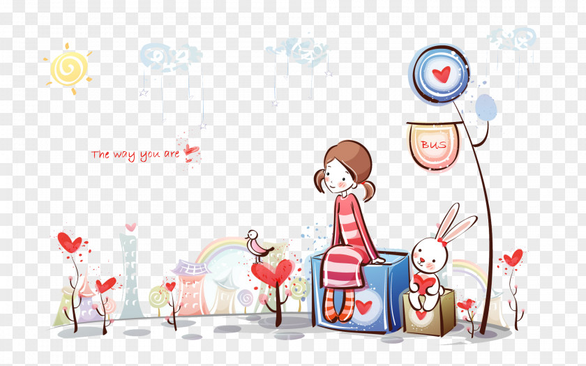 Couple Hand-painted Illustration Cartoon Wallpaper PNG