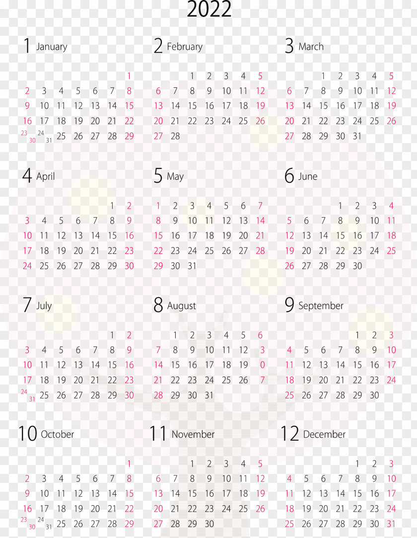 2022 Yearly Calendar Printable PNG