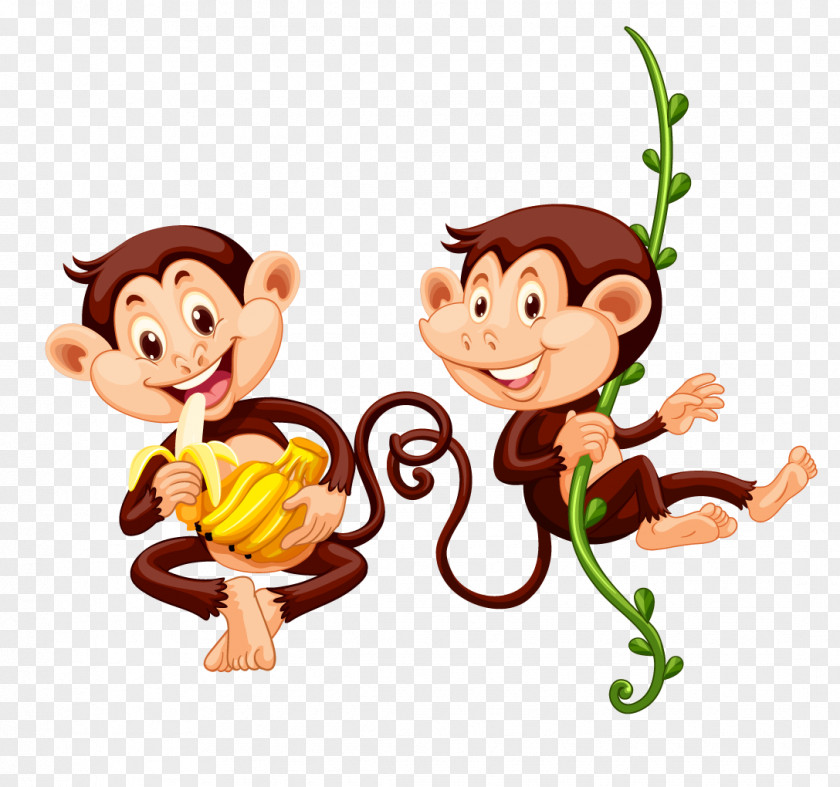 Vector Cartoon Monkey Eating Banana Clip Art PNG