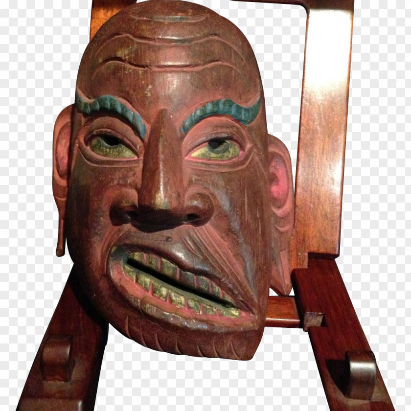 Mask Noh Wood Carving Japan Antique PNG
