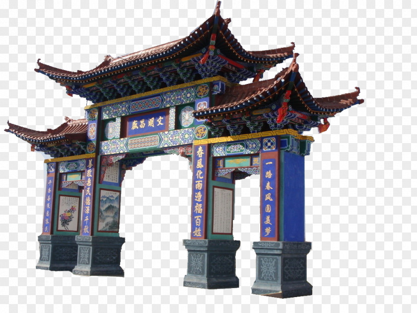 Classical House Door Paifang Chinese Pavilion Concrete Wall Garden PNG