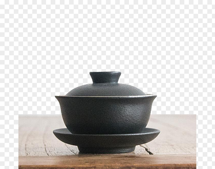 Zen Black Stone Glaze Pottery Tureen Saucer Teaware PNG