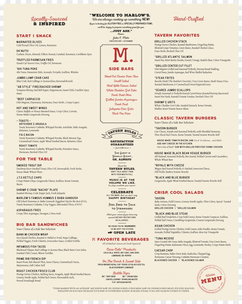 Menu Take-out Marlow's Tavern Restaurant Food PNG