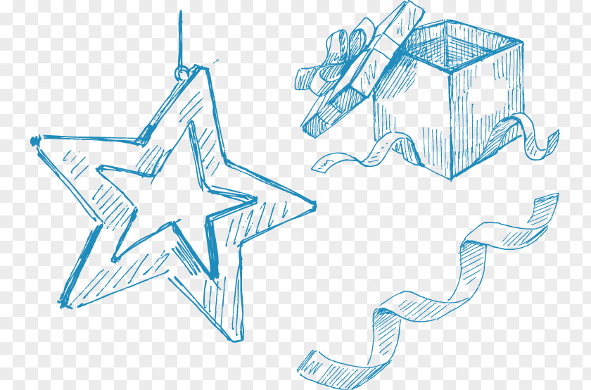 Hand-painted Blue Star Ribbon Gift Box Paper Christmas PNG
