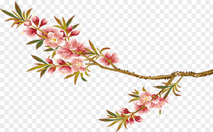Beautiful Flowers Peach Leaf Branches Gongbi Ink Wash Painting Download PNG