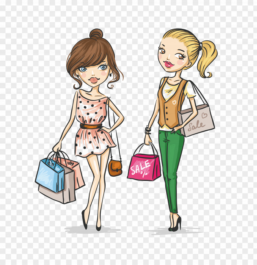 Fashion Cartoon Girl Illustration PNG Illustration, girl shopping , two female illustration clipart PNG