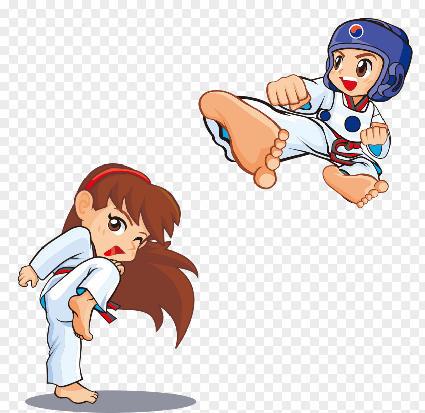 Cartoon Taekwondo Male And Female Athletes For Kids Kick Martial Arts PNG