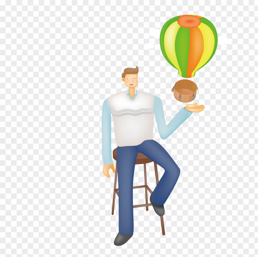 Satisfy Man Sitting On A Stool In Hot Air Balloon Chair Table Computer PNG