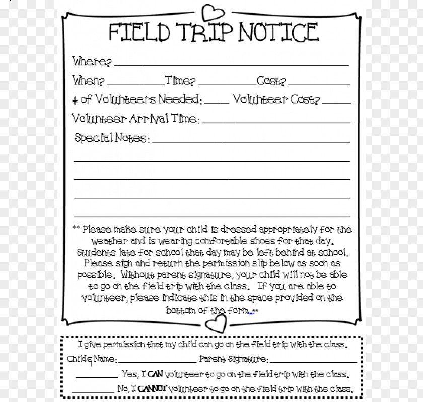Student Permission Slip Field Trip Homework Document PNG