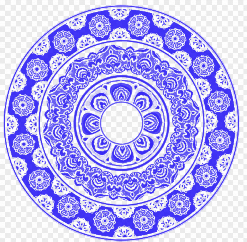 Circular Blue And White Porcelain Plate China Mooncake Totem PNG