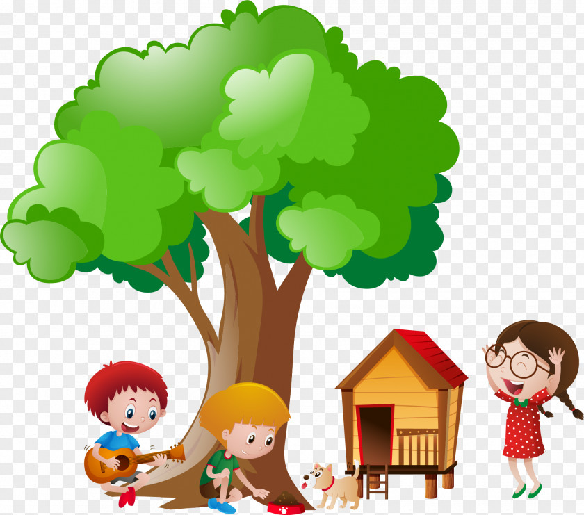 Vector Hand-painted Children Playing Under The Tree Shrub Clip Art PNG