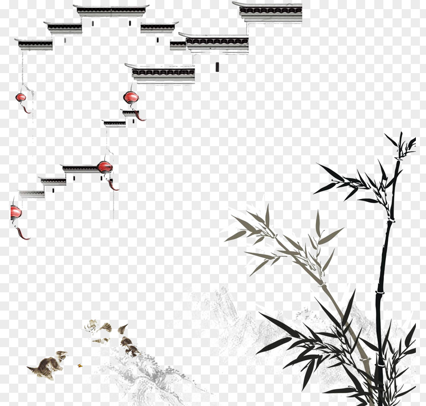 Jiangnan Water Ink Bamboo Garden Painting Drawing Wash PNG
