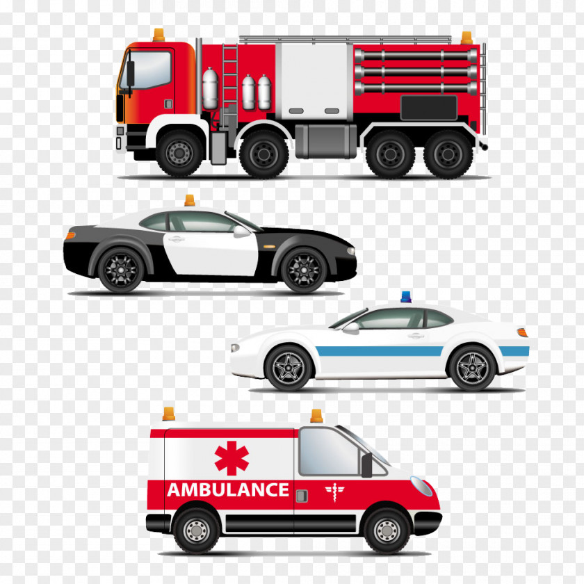 Hand-painted Cartoon Police Car Fire Engines And Emergency Vehicles Ambulance PNG